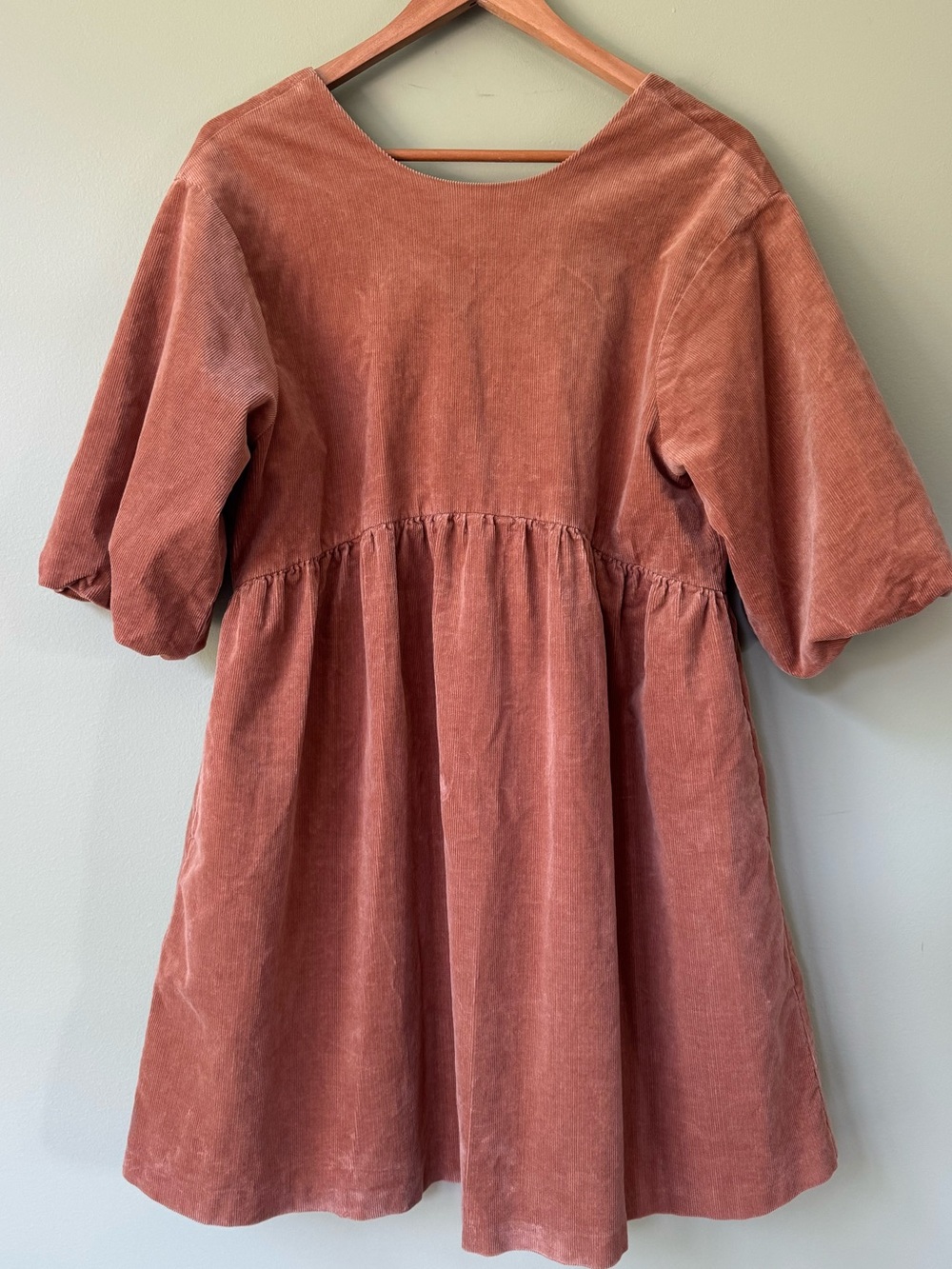 Everlane Corduroy Mini Puff Sleeve Babydoll Low Back Biscotti Tan Brown Dress